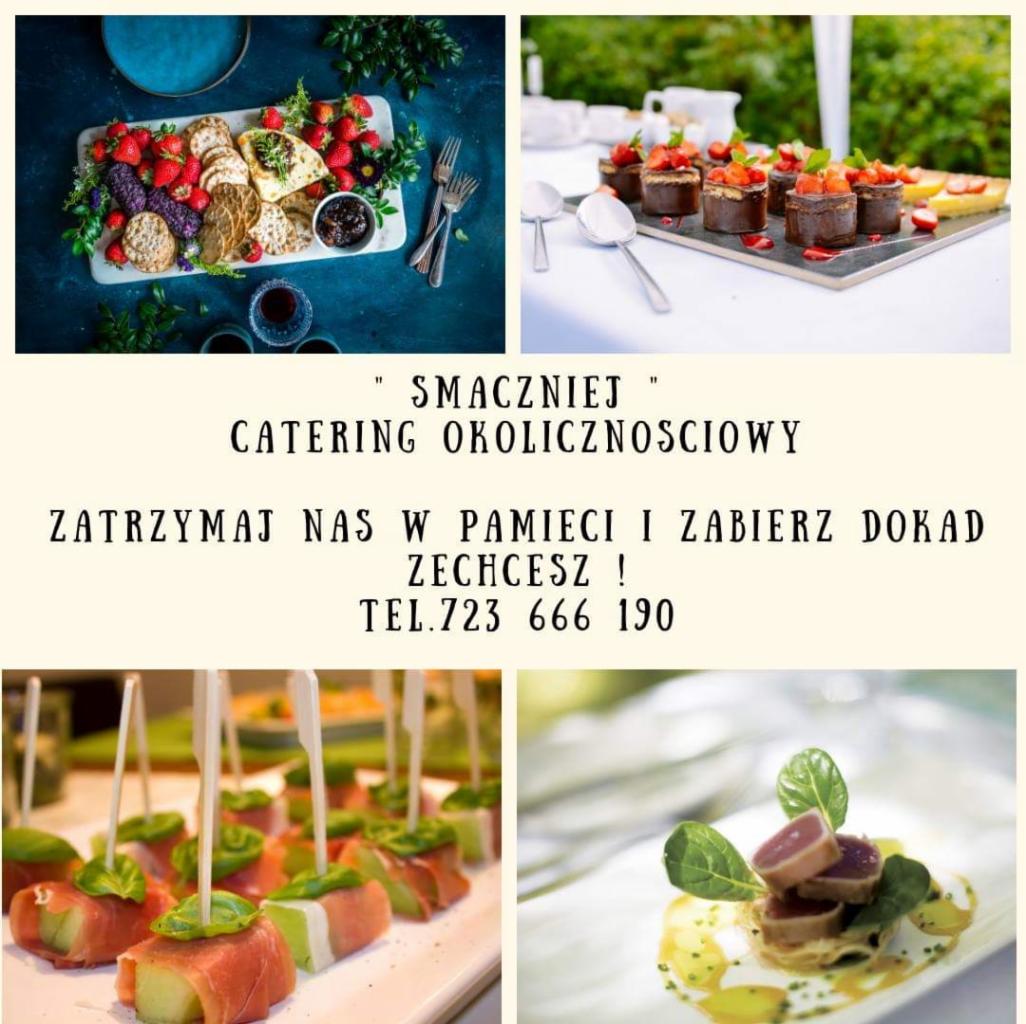 Kompozycja czterech kadrów: deska serów i owoców, czekoladowe desery z truskawkami, koreczki z melona i szynki parmeńskiej, oraz mini wieżyczka z tuńczyka i zielonych listków, ułożone wokół tekstu...