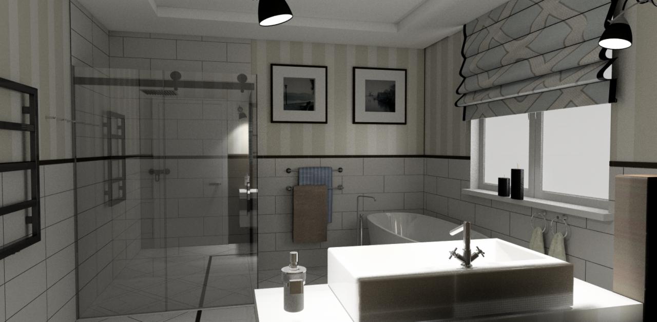 Wizualizacja łazienki z kabiną prysznicową typu walk-in, białą umywalką nablatową, wanną wolnostojącą i okrągłym lustrem w tle, oświetlona lampami sufitowymi.