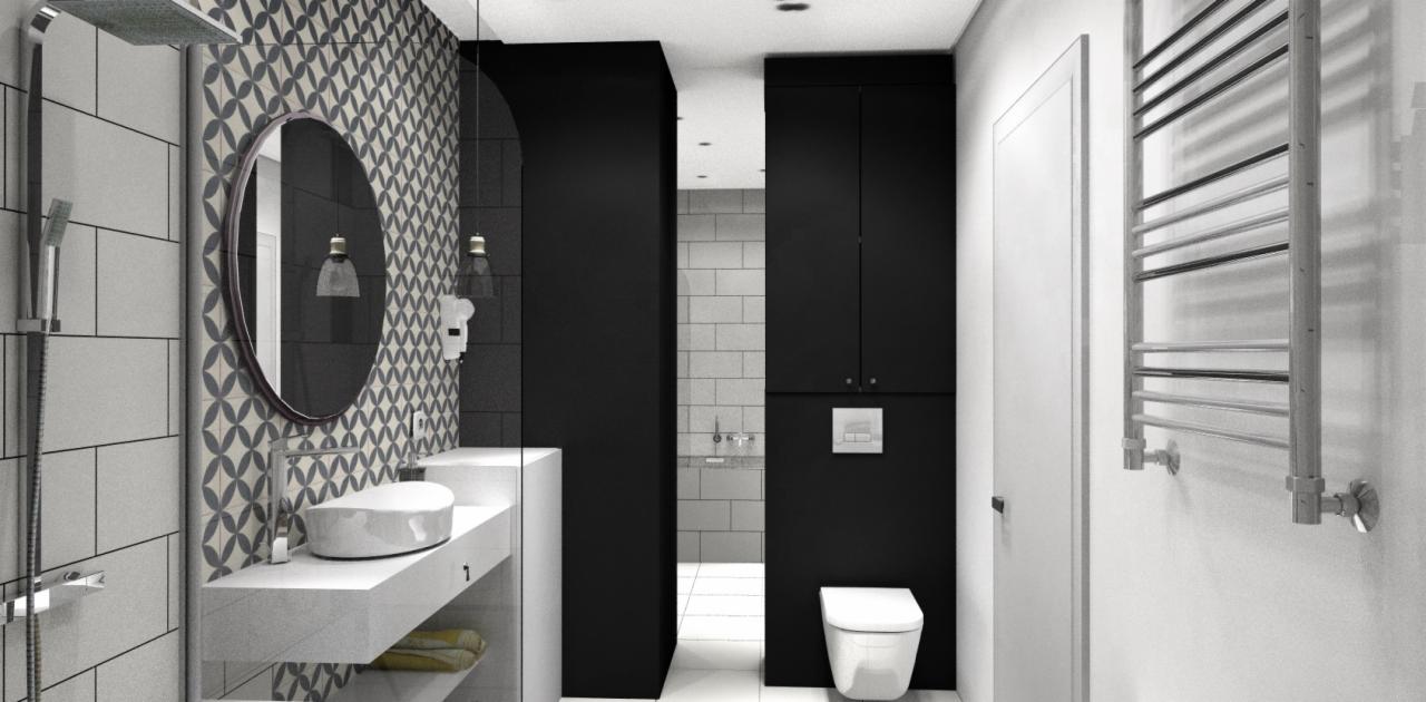 Nowoczesna łazienka w czarno-białej kolorystyce z okrągłym lustrem, wiszącą umywalką i grzejnikiem drabinkowym.