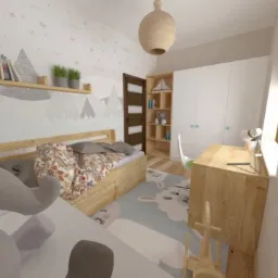 Wizualizacja pokoju dziecięcego z drewnianym łóżkiem, biurkiem i szafą w białym kolorze, uzupełniona o miękkiego słonia i dywan z motywem zwierzęcym.