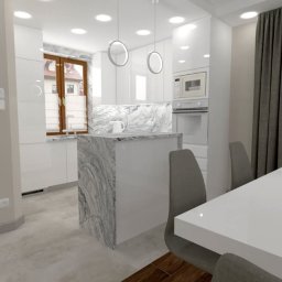 MAKAREWICZ Projekt - Wizualizacja nowoczesnej kuchni z wyspą wykończoną marmurem, białymi szafkami i okrągłymi lampami wiszącymi, widok na stół jadalny z szarymi krzesłami i zasłonięte okno.