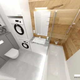 Wizualizacja małej łazienki z pralką i suszarką w zabudowie, drewnianą okładziną ściany i białą wanną.