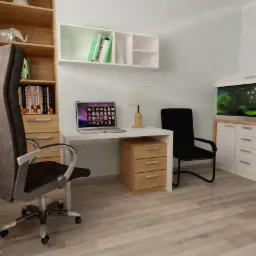 Wizualizacja biura domowego z biurkiem, krzesłem obrotowym, regałem z książkami, akwarium i szafkami, utrzymana w jasnej kolorystyce z elementami drewna.