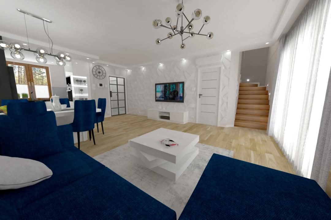Wnętrze nowoczesnego salonu z akcentami bieli i błękitu: białe ściany z geometrycznym wzorem, drewniana podłoga, błękitna sofa, biały stolik kawowy z gazetami, schody w tle i designerska lampa...