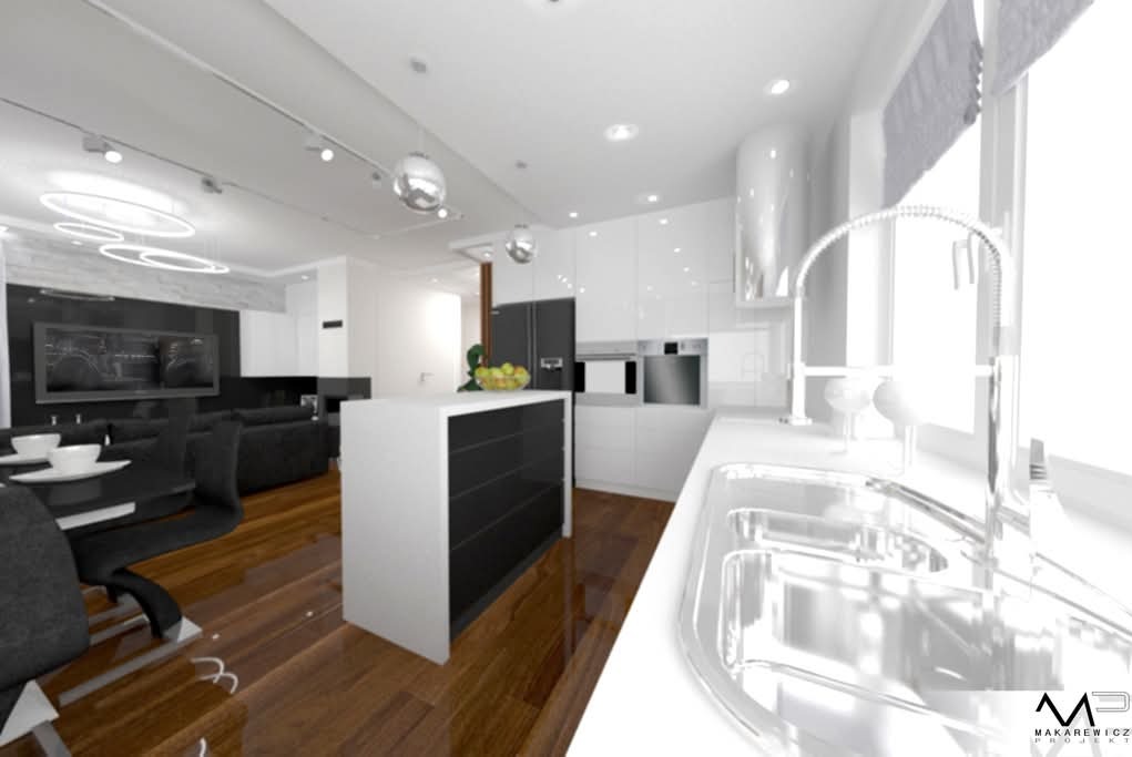 Wnętrze nowoczesnego apartamentu z otwartą kuchnią, wyspą kuchenną z czarnymi wnękami, błyszczące białe szafki kuchenne, drewniana podłoga, salon z czarnymi meblami w tle.
