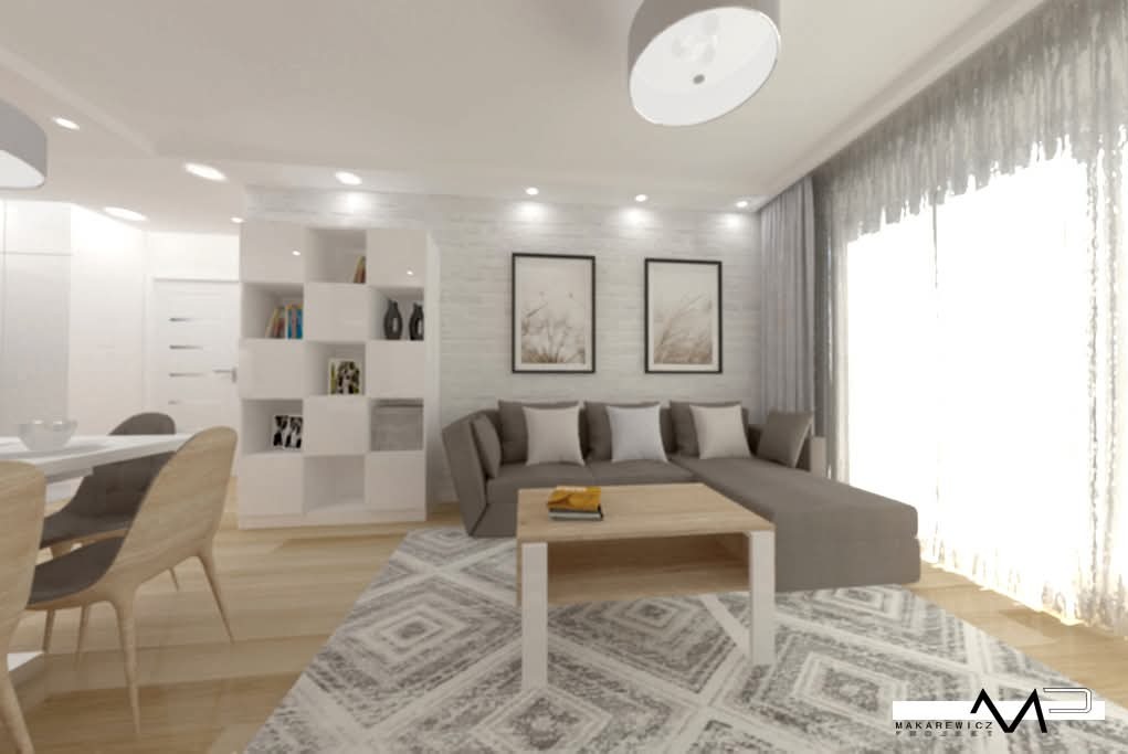Wizualizacja salonu w jasnych barwach z szarą sofą narożną, drewnianym stolikiem kawowym i wzorzystym dywanem, oświetlonego dużym oknem z zasłonami i lampą sufitową.
