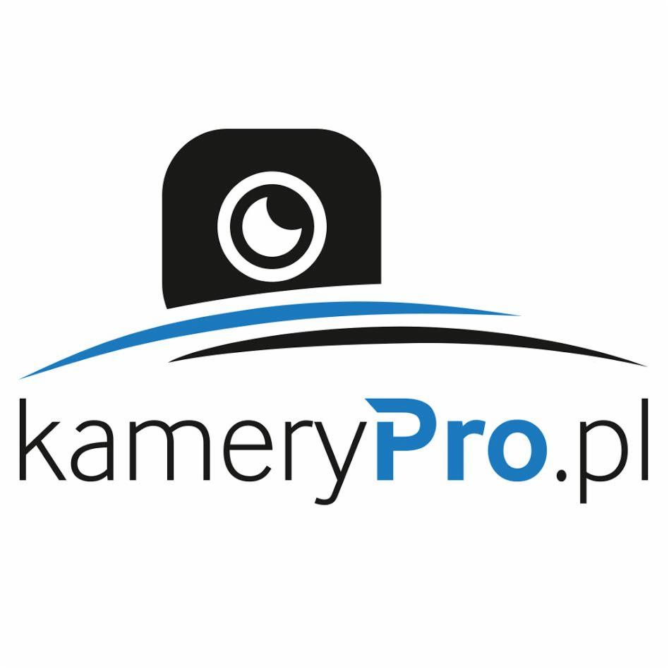 Logo firmy kameryPro.pl z symbolem kamery w czarnym prostokącie z zaokrąglonymi rogami i niebieską linią pod spodem.