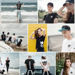 Kolaż zdjęć przedstawiających osoby w ubraniach z logo firmy odzieżowej, na tle plaży, lasu i kolorowych ścian.