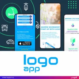Prezentacja aplikacji mobilnej LogoApp na ekranach smartfonów, z informacjami o funkcjonalnościach, historii oraz możliwości pobrania z App Store, otoczona ikonami transportu.
