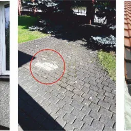 Trzy kadry: fragment umytej elewacji, wyczyszczona kostka brukowa na podjeździe, pracownik myjący dachówkę z zanieczyszczeń pod ciśnieniem.