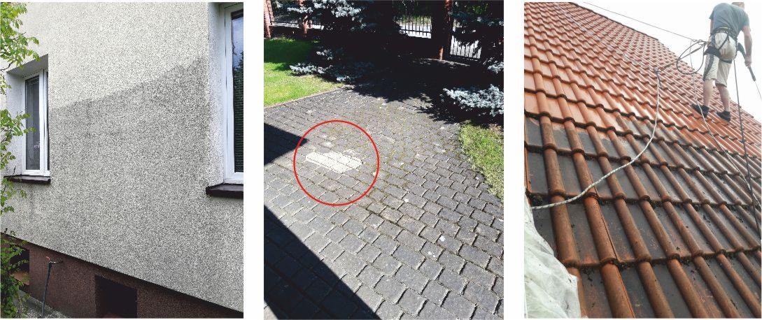 Trzy kadry: fragment umytej elewacji, wyczyszczona kostka brukowa na podjeździe, pracownik myjący dachówkę z zanieczyszczeń pod ciśnieniem.