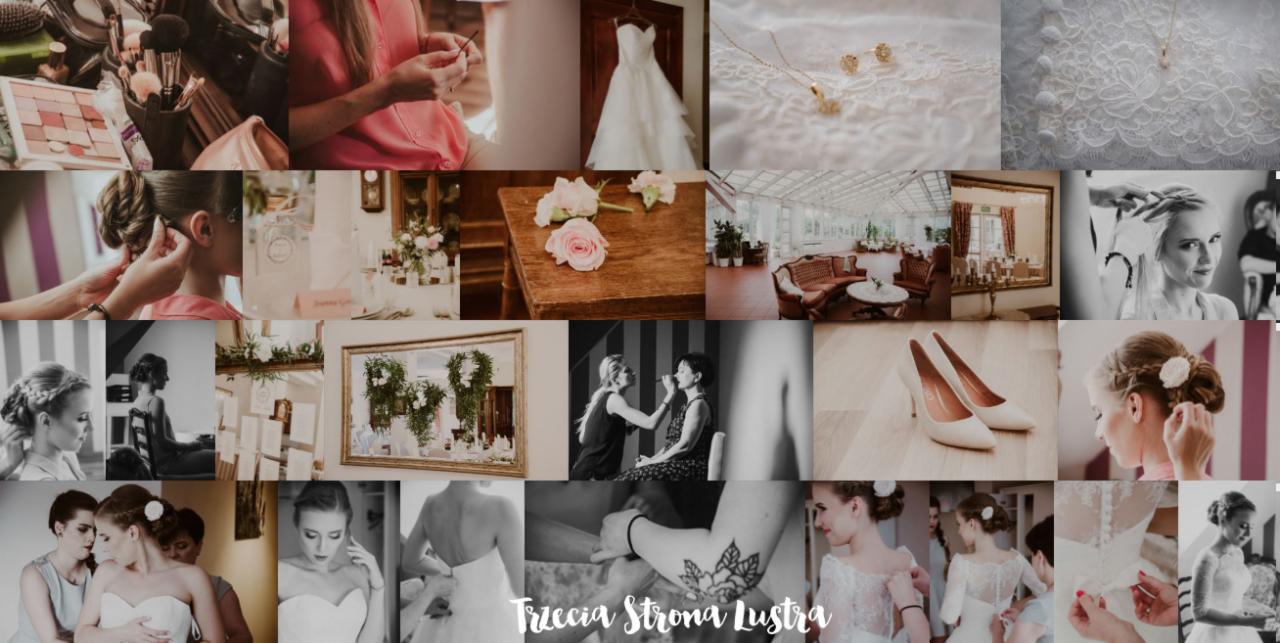 Kolaż zdjęć z przygotowań do ślubu: makijaż, fryzura, suknia, buty, dekoracje, sala weselna, detale biżuterii, z logo firmy Trzecia Strona Lustra.