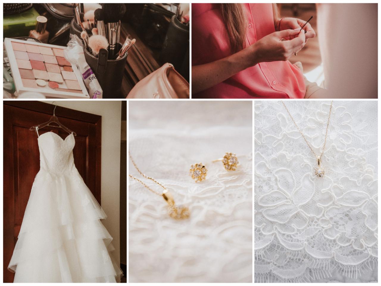 Kolaż zdjęć z przygotowań do ślubu: suknia wisząca na drzwiach, makijaż, biżuteria na koronkowej tkaninie, kobieta w różowej koszuli przygotowująca włosy.