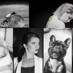 Czarno-biała kompozycja kolażowa przedstawiająca różnorodne sceny: kobieta na rurze w pokoju, para przy sianie na polu, portret kobiety z kwiatem na plecach, para tańcząca na scenie, para w łóżku...