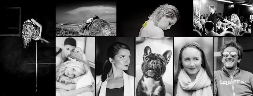 Czarno-biała kompozycja kolażowa przedstawiająca różnorodne sceny: kobieta na rurze w pokoju, para przy sianie na polu, portret kobiety z kwiatem na plecach, para tańcząca na scenie, para w łóżku...