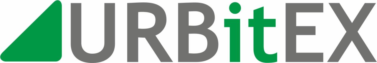 Logo firmy Urbitex z zielonym trójkątem po lewej i zielonym 'i' z kropką, reszta napisu szara.