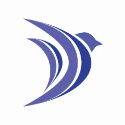 Abstrakcyjne logo przedstawiające stylizowanego, fioletowego ptaka w locie, zbudowanego z zakrzywionych linii na białym tle.