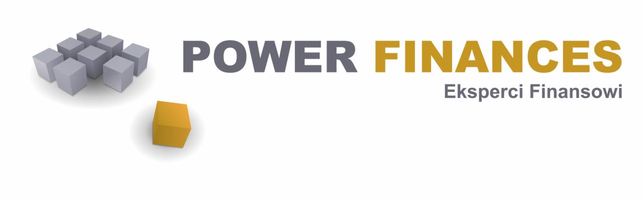 Logo firmy Power Finances z szarymi i złotymi kostkami oraz napisem Eksperci Finansowi.