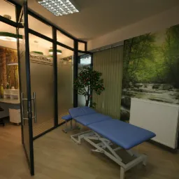 Jasne wnętrze gabinetu z niebieskim stołem do masażu, drzewkiem w doniczce i fototapetą z motywem leśnego strumienia na ścianie.