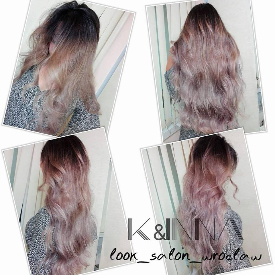 Cztery ujęcia długich, falowanych włosów z ombre w odcieniach brązu i różowego blondu na tle białych żaluzji; widoczne logo salonu K&INNA look_salon_wroclaw.