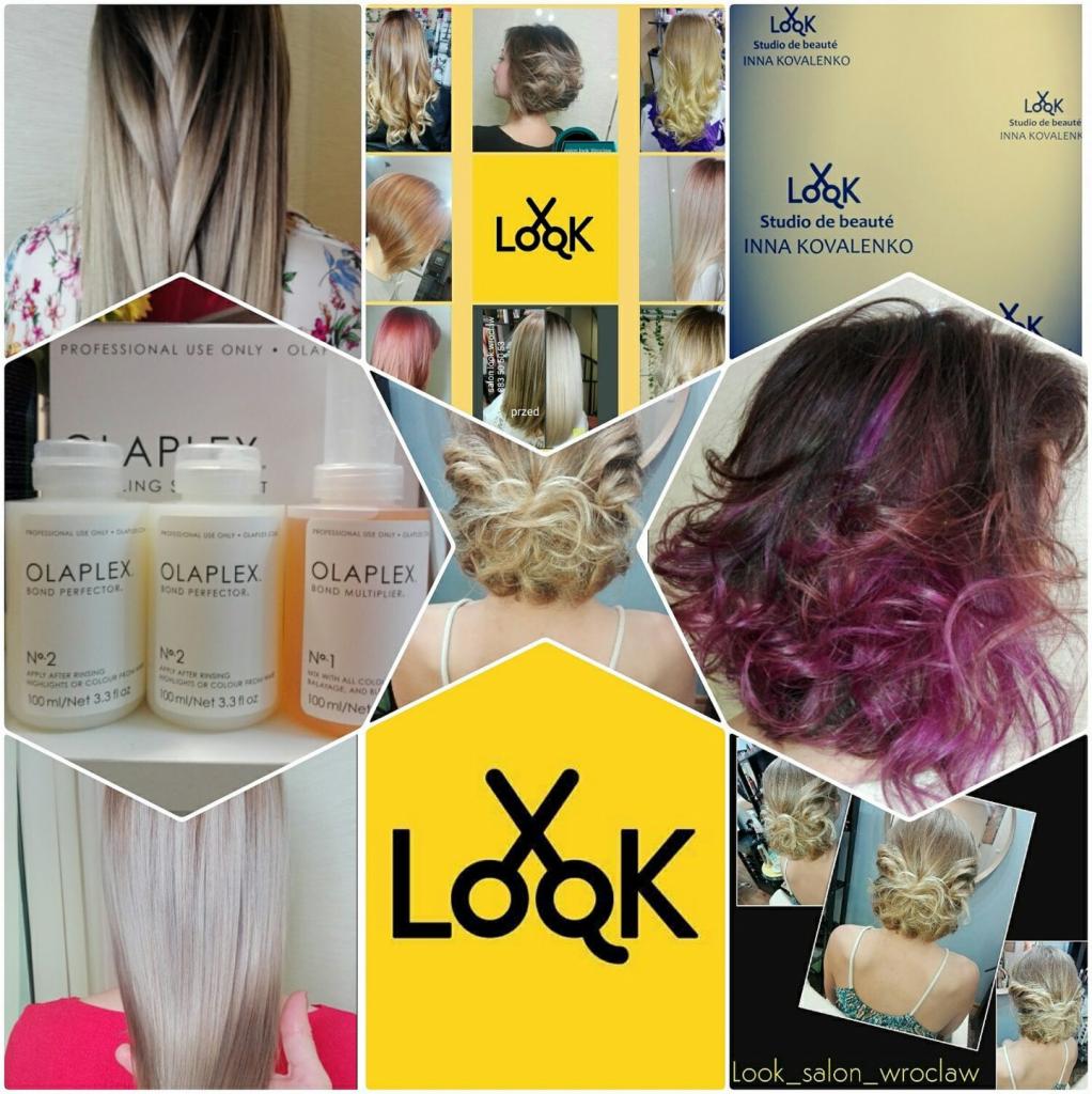 Mozaika zdjęć prezentująca efekty stylizacji włosów, produkty Olaplex, logo salonu fryzjerskiego Look oraz zbliżenia fryzur w różnych kolorach i upięciach.