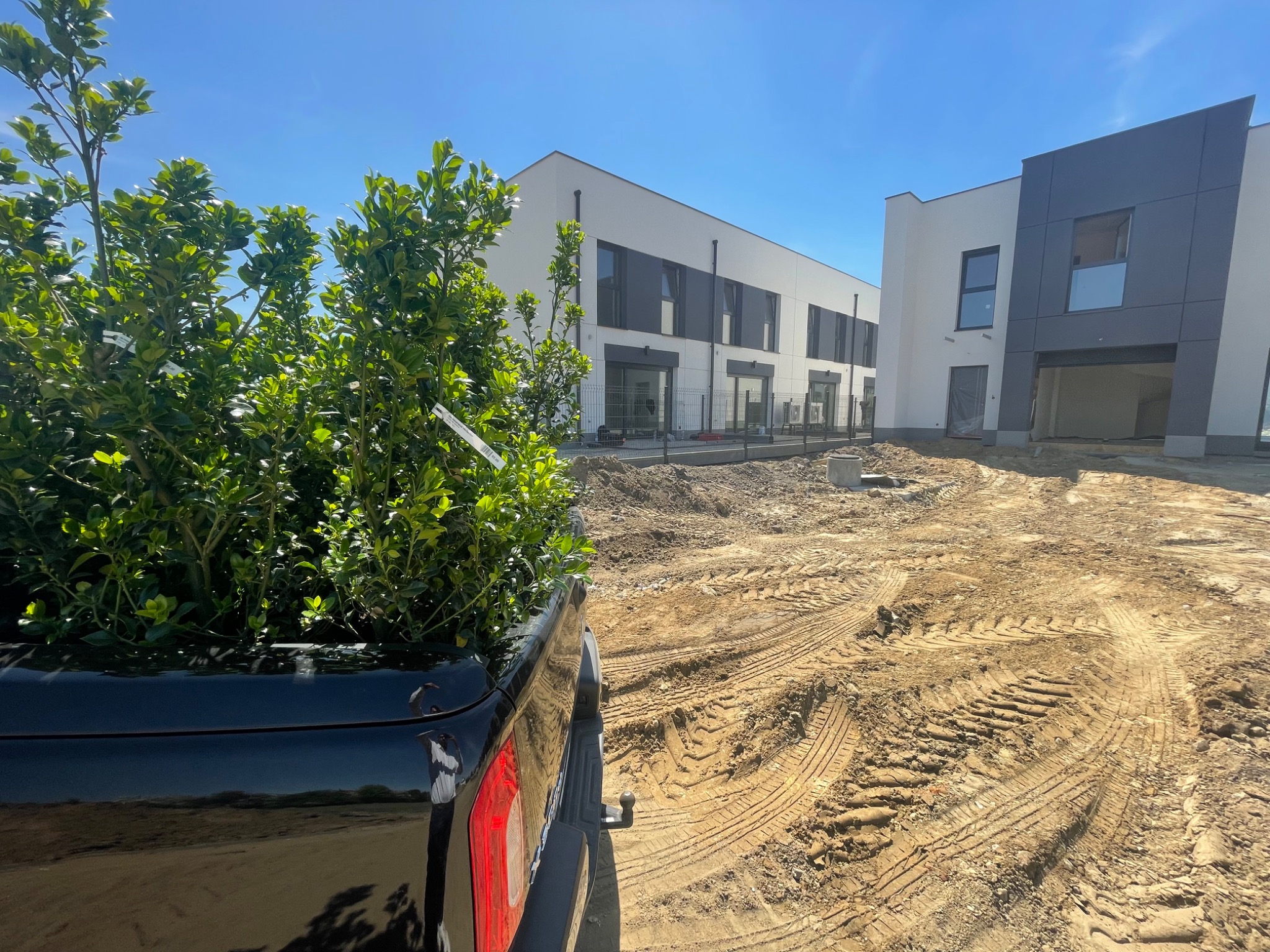 Czarny pickup z roślinami w skrzyni ładunkowej na placu budowy z dwoma nowoczesnymi budynkami w tle, widoczne ślady opon na ziemi.