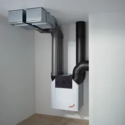 Centrala wentylacyjna Zehnder ComfoAir Q z szarymi przewodami wentylacyjnymi i czarną rurą izolacyjną w rogu pomieszczenia z białymi ścianami.