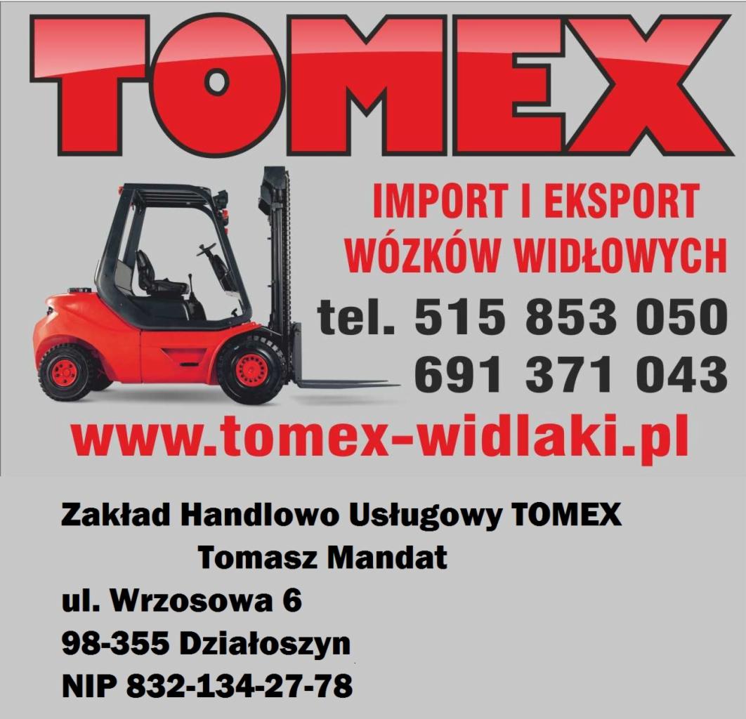 Grafika reklamowa firmy TOMEX, prezentująca czerwony wózek widłowy na tle danych kontaktowych i adresu strony internetowej.
