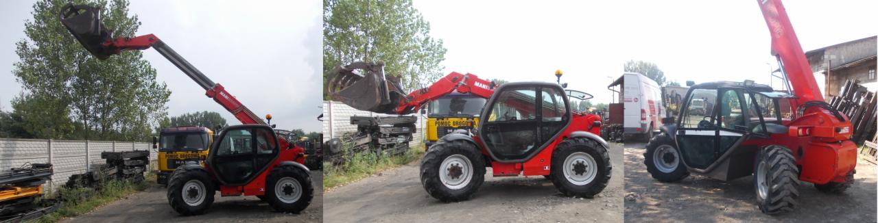 Czerwona ładowarka teleskopowa Manitou z łyżką, stojąca na placu budowy z widocznymi elementami konstrukcyjnymi w tle.