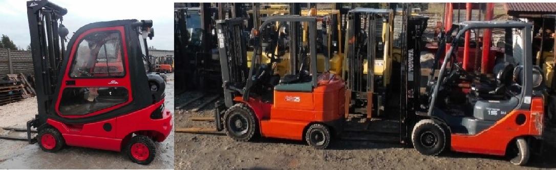 Zdjęcie przedstawia kilka wózków widłowych różnych marek i kolorów zaparkowanych na placu. Widać czerwony wózek Linde z kabiną, pomarańczowy wózek Toyota z numerem 25 oraz inny pomarańczowo-szary...