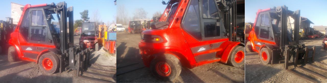 Czerwony wózek widłowy Linde sfotografowany z różnych perspektyw na placu z innymi maszynami w tle, widoczne detale konstrukcyjne i oznaczenia producenta.