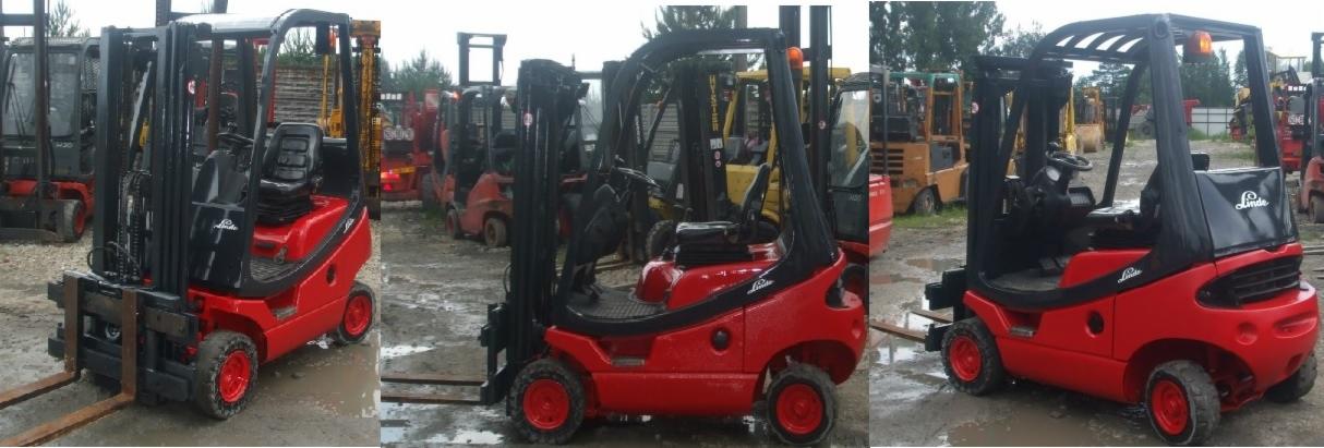 Trzy ujęcia czerwonego wózka widłowego marki Linde na placu z innymi maszynami w tle, widoczne detale konstrukcyjne i opony z czerwonymi felgami.