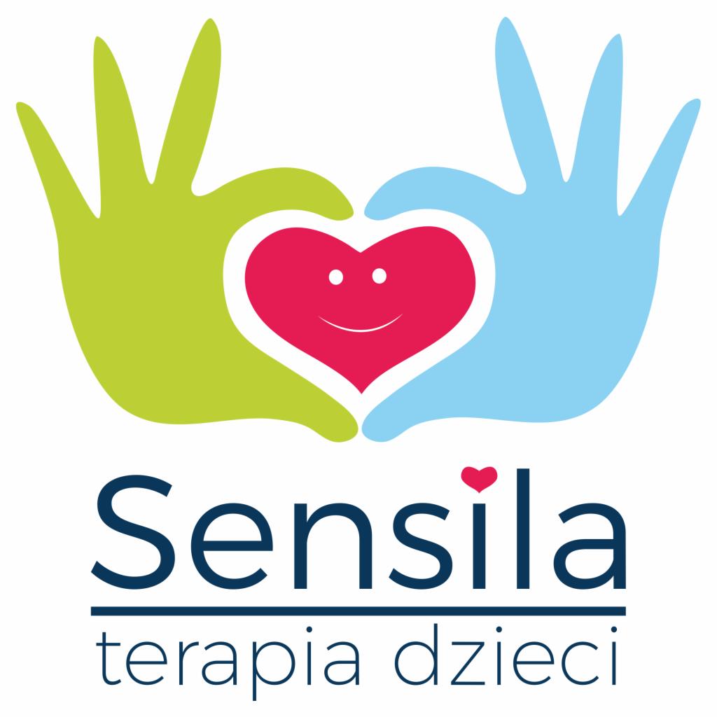 Logo firmy Sensila terapia dzieci, przedstawiające dłonie w kolorach zielonym i niebieskim formujące serce z uśmiechniętą buzią.