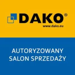 Logo firmy DAKO na żółto-niebieskim tle, z adresem strony internetowej i napisem 'AUTORYZOWANY SALON SPRZEDAŻY' pod spodem.