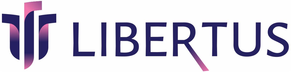 Logo firmy o nazwie LIBERTUS, z abstrakcyjnym symbolem po lewej stronie, w kolorach granatowym i różowym z gradientem.