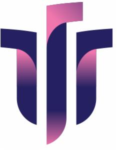 Abstrakcyjne logo w odcieniach fioletu i różu, gradientowe przejścia kolorów, trzy pionowe elementy tworzące stylizowaną literę lub symbol.