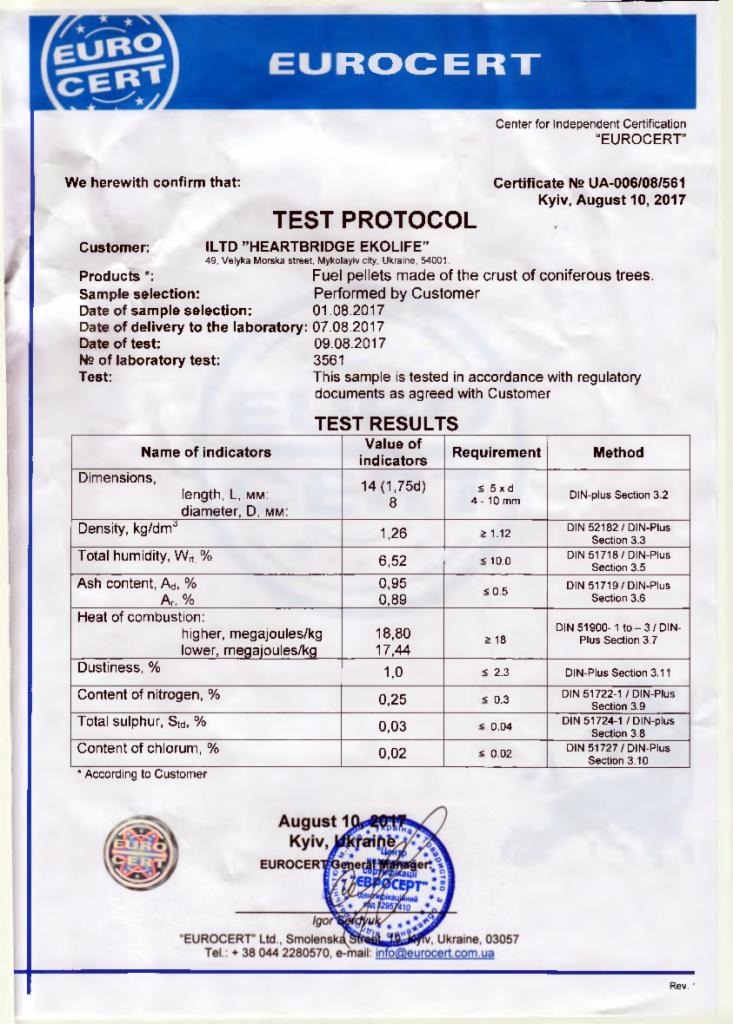 Skan protokołu badania pelletu drzewnego, z wynikami analizy laboratoryjnej, pieczątką i podpisem EUROCERT z Kijowa, Ukraina, datowany na 10 sierpnia 2017.
