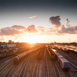 Słoneczny zachód nad rozległą stacją kolejową ze składami wagonów towarowych, w tym cystern i kontenerów, z budynkami w tle.