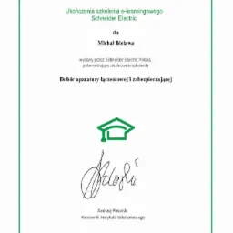 Certyfikat ukończenia szkolenia e-learningowego Schneider Electric dla Michała Bielawy, dotyczący doboru aparatury łączeniowej i zabezpieczającej, wydany 25.02.2018.
