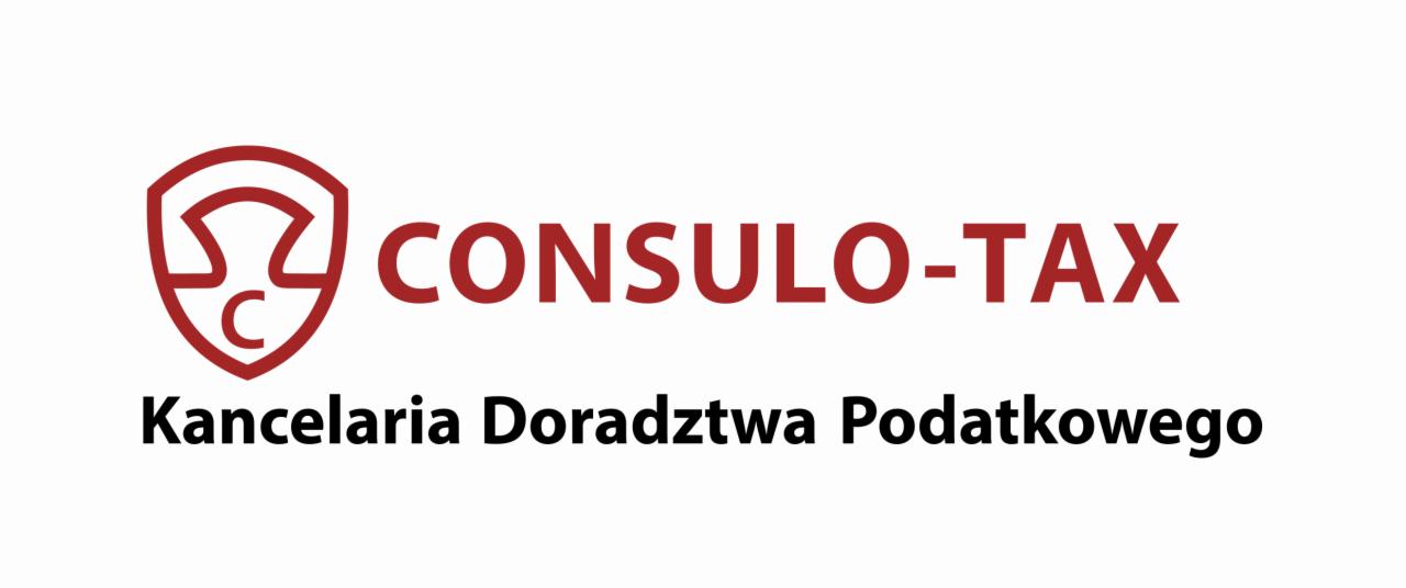 Logo firmy Consulo-Tax, kancelarii doradztwa podatkowego, z czerwonym symbolem tarczy z literą C i nazwą firmy w czerwonej czcionce na białym tle.