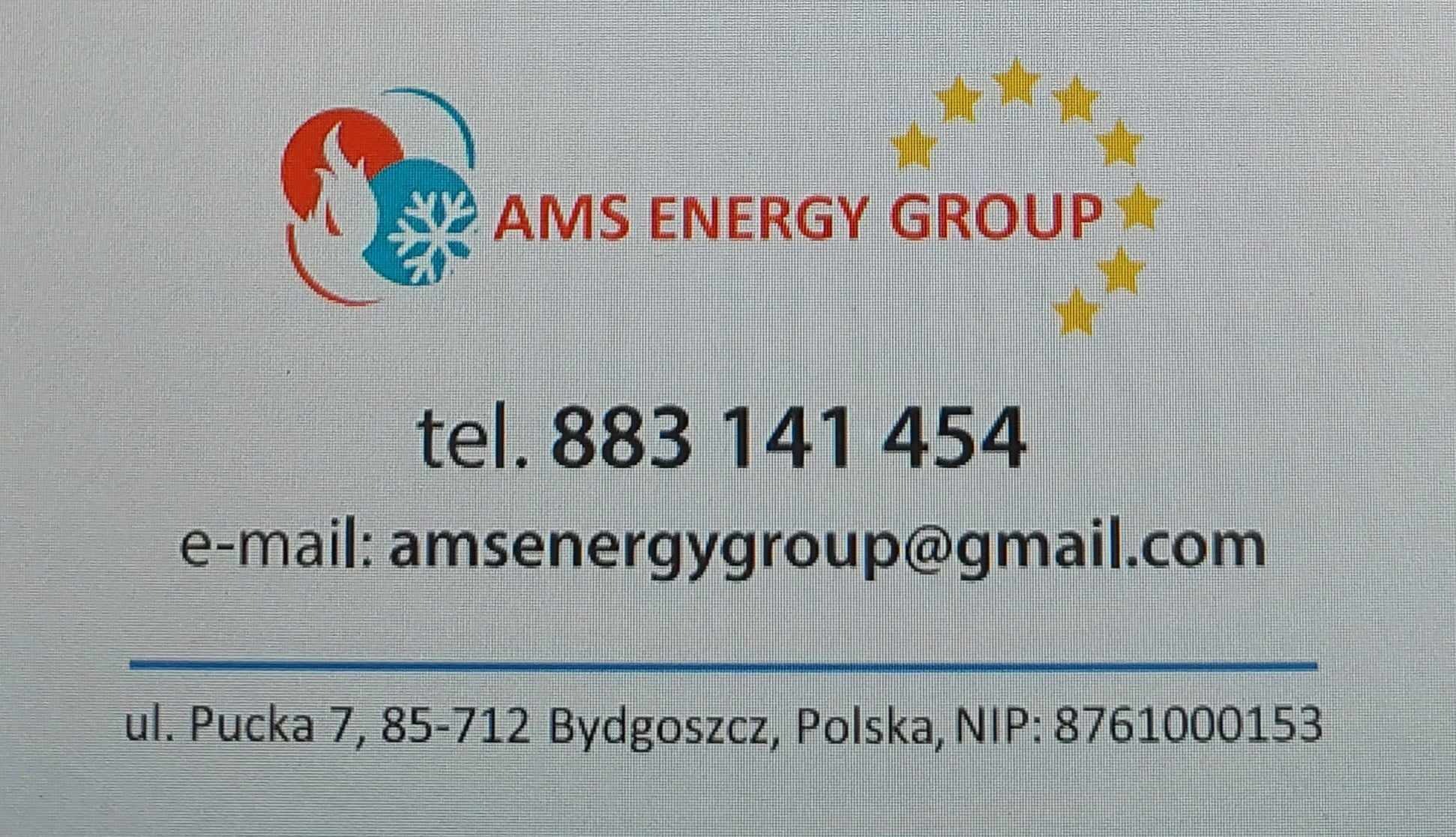 Wizytówka firmy AMS Energy Group z logo przedstawiającym płomień i śnieżynkę, numerem telefonu, adresem e-mail i adresem siedziby w Bydgoszczy.