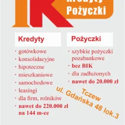 Grafika reklamowa firmy pożyczkowej z Tczewa, oferującej kredyty gotówkowe, konsolidacyjne, hipoteczne, mieszkaniowe, samochodowe, leasingi, dla firm i rolników, a także szybkie pożyczki...