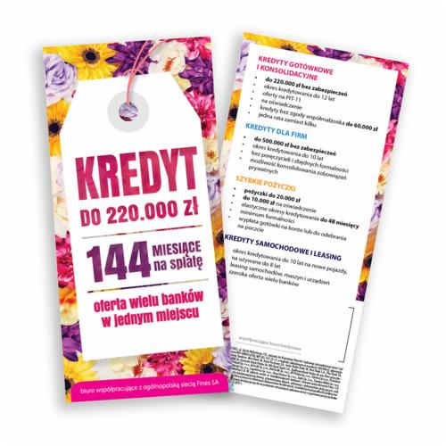 Ulotka reklamowa z ofertą kredytową do 220 tysięcy złotych, z informacją o 144 miesiącach spłaty i ofertach wielu banków, na tle kwiatowym. Zawiera również szczegóły ofert dla firm, szybkich...