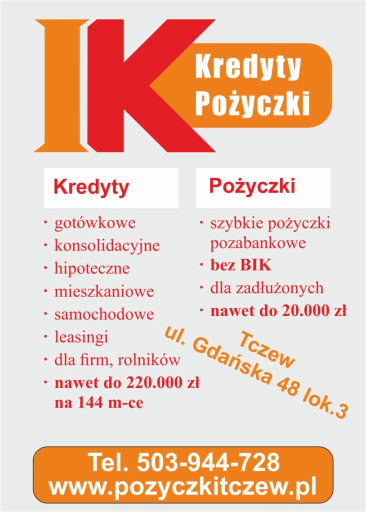 Grafika reklamowa firmy pożyczkowej z Tczewa, oferującej kredyty gotówkowe, konsolidacyjne, hipoteczne, mieszkaniowe, samochodowe, leasingi, dla firm i rolników, a także szybkie pożyczki...