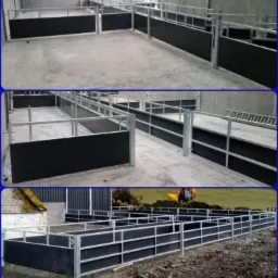 Klatki z metalową konstrukcją i czarnym wypełnieniem, prawdopodobnie dla zwierząt gospodarskich, widoczne z trzech różnych perspektyw, w tym jedna na zewnątrz z koparką w tle.