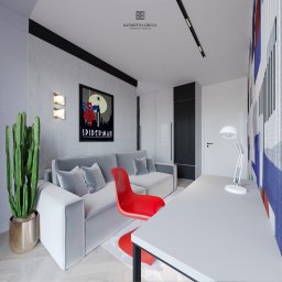 Katarzyna Gruca PROJEKTOWANIE - Pokój młodzieżowy: szara sofa z poduszkami, czerwone krzesło, biurko z lampką, plakat Spider-Mana i wysoki kaktus w złotej doniczce.