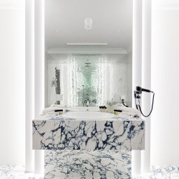 Katarzyna Gruca PROJEKTOWANIE - Nowoczesna łazienka z marmurową umywalką i podłogą w odcieniach bieli i granatu, lustro z podświetleniem LED, mozaika na ścianie prysznica, minimalistyczny design.