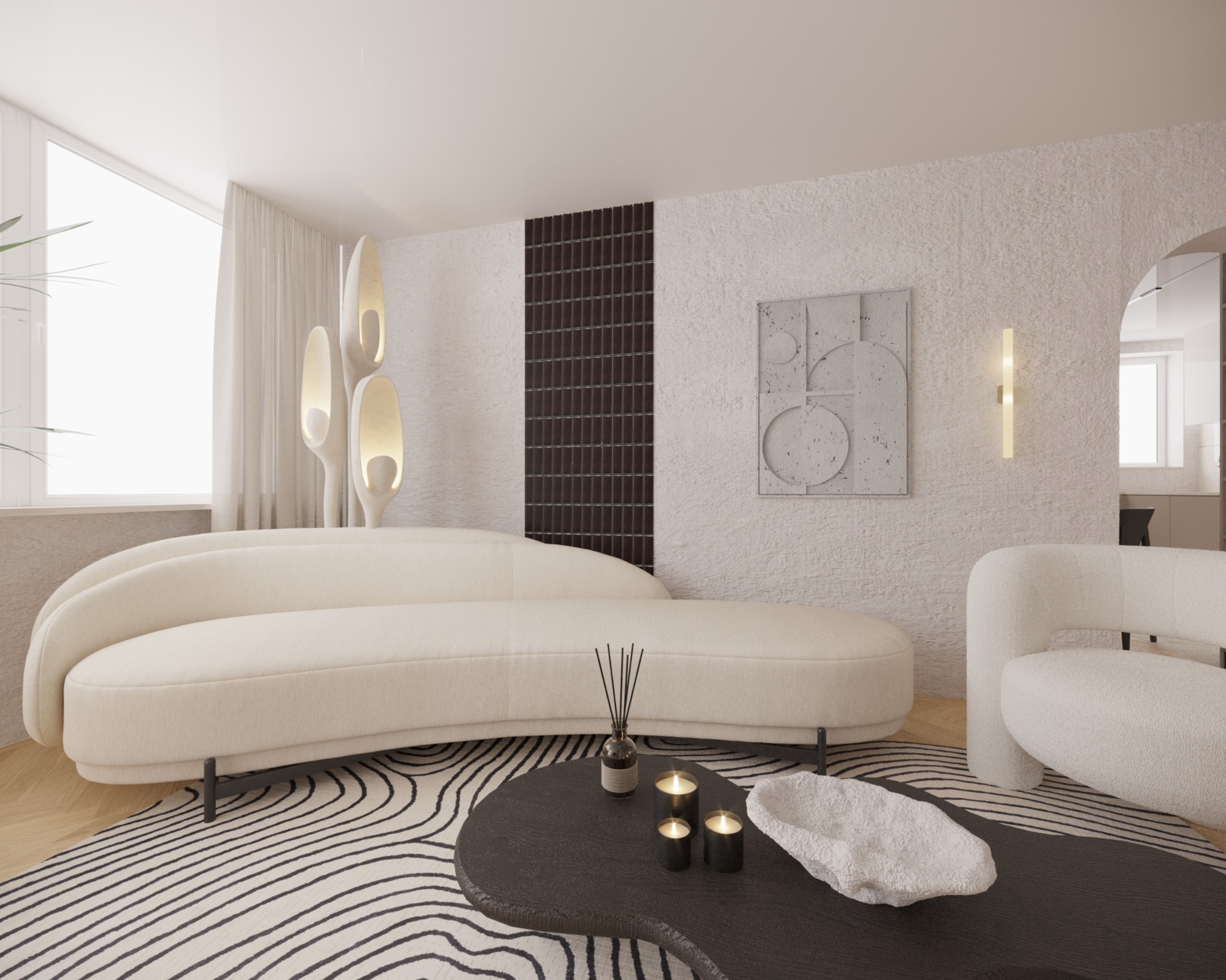 Nowoczesny salon w jasnych barwach z kremową sofą o organicznym kształcie, abstrakcyjny dywan w czarno-białe pasy, stolik kawowy z dekoracjami i lampa podłogowa o futurystycznym designie.