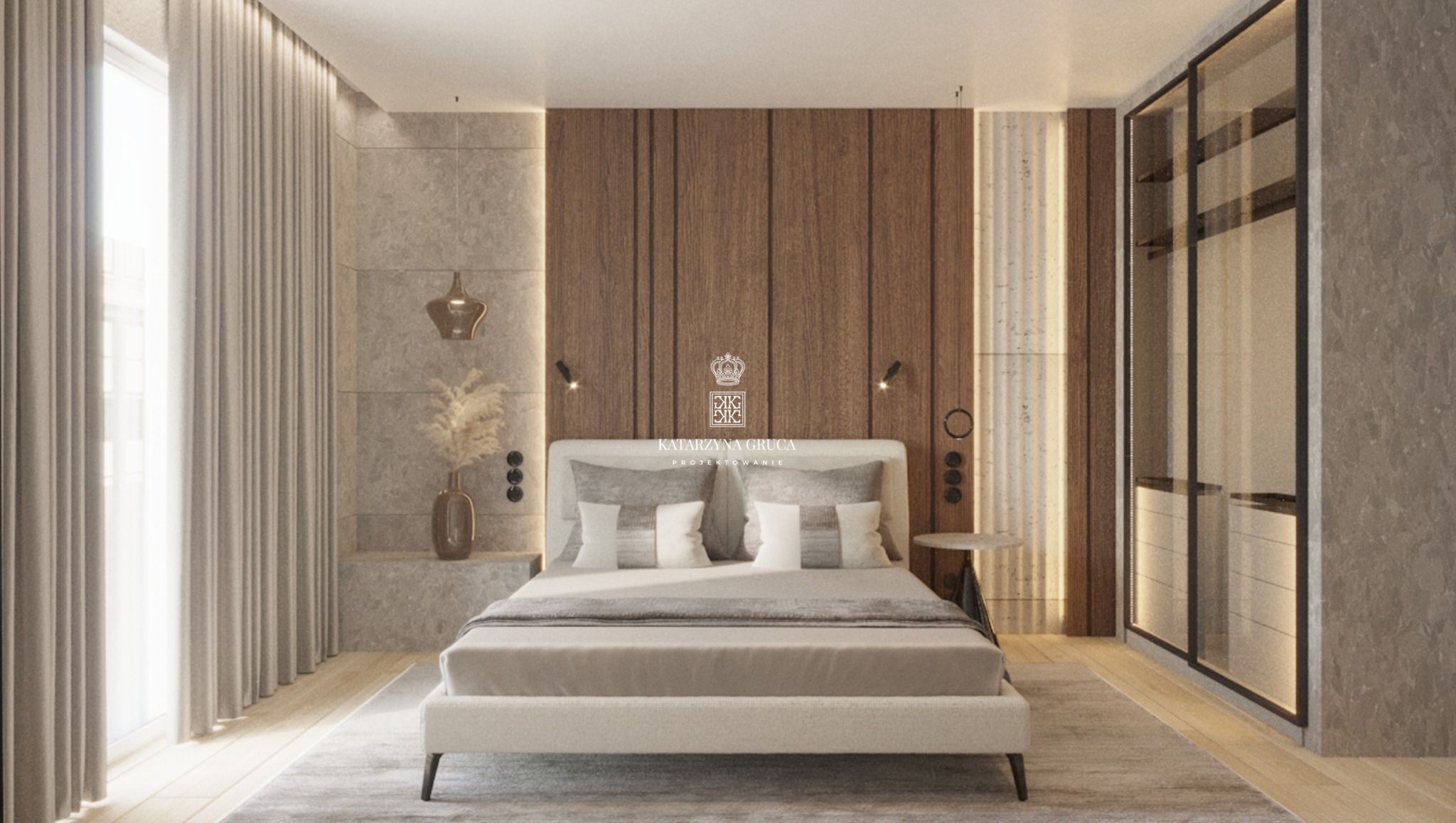 Nowoczesna sypialnia w stonowanych barwach z łóżkiem, szafą w zabudowie, drewnianą ścianą za wezgłowiem i dekoracyjnym oświetleniem bocznym
