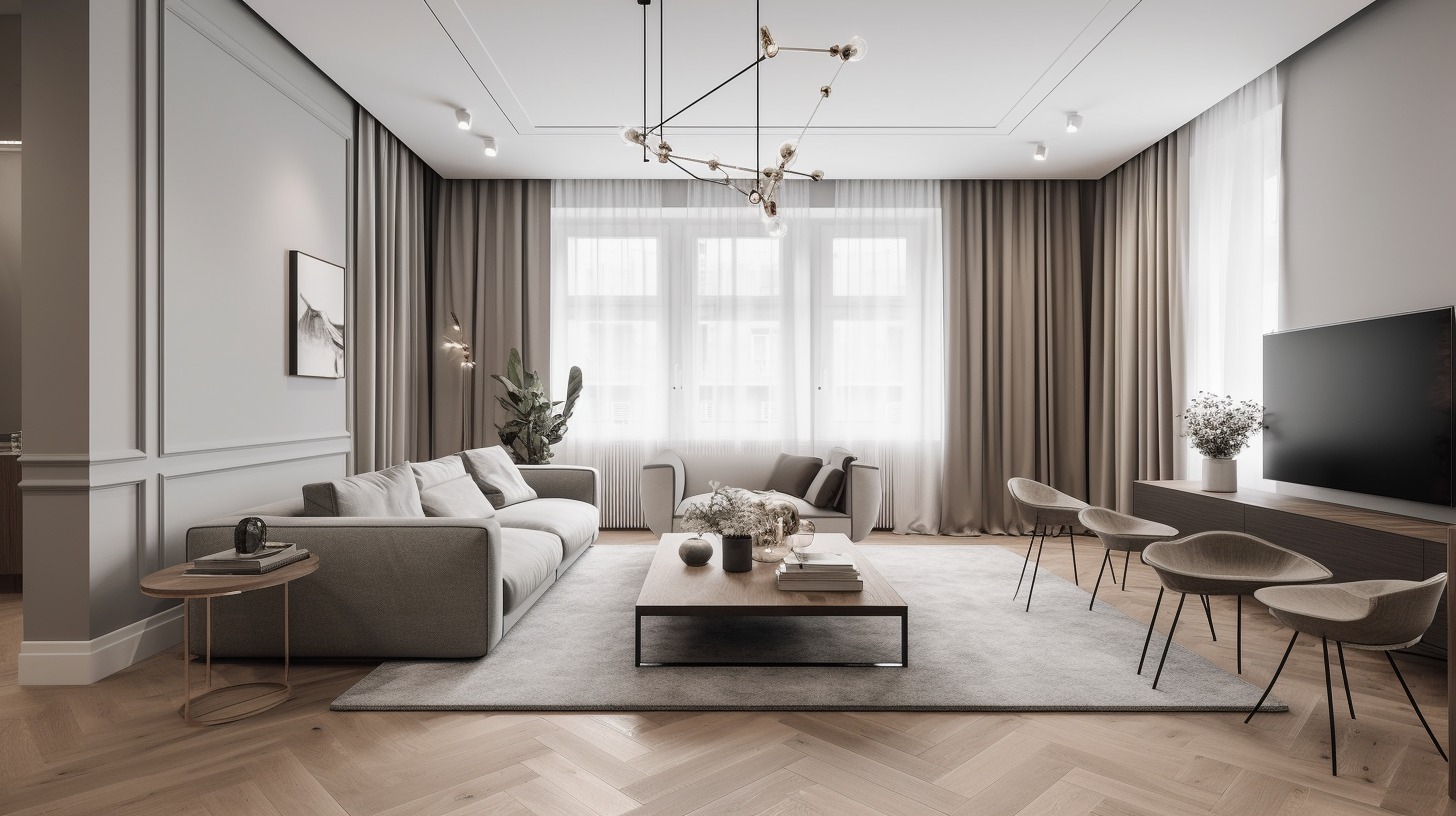 Elegancki salon w odcieniach szarości z drewnianą podłogą w jodełkę, wyposażony w dwie sofy, stolik kawowy z książkami, nowoczesną lampę sufitową i telewizor na tle zasłoniętych okien.